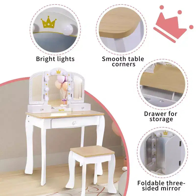 Coiffeuse Princesse pour tout-petits avec miroir lumineux et tabouret