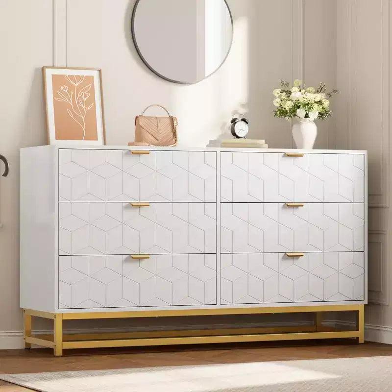 Commode blanche à 6 tiroirs avec pieds en métal doré, grand coffre de rangement de 53,5 po de largeur