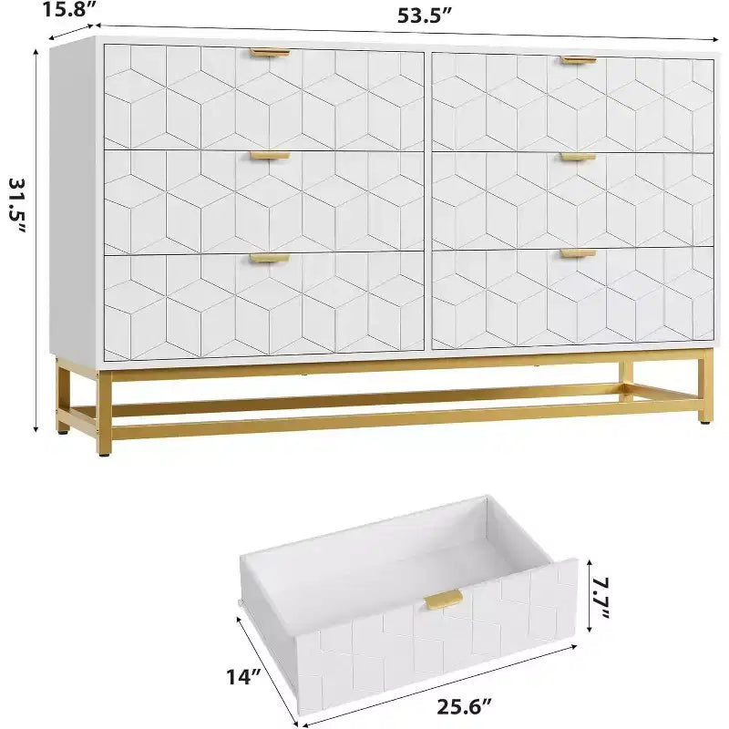 Commode blanche à 6 tiroirs avec pieds en métal doré, grand coffre de rangement de 53,5 po de largeur