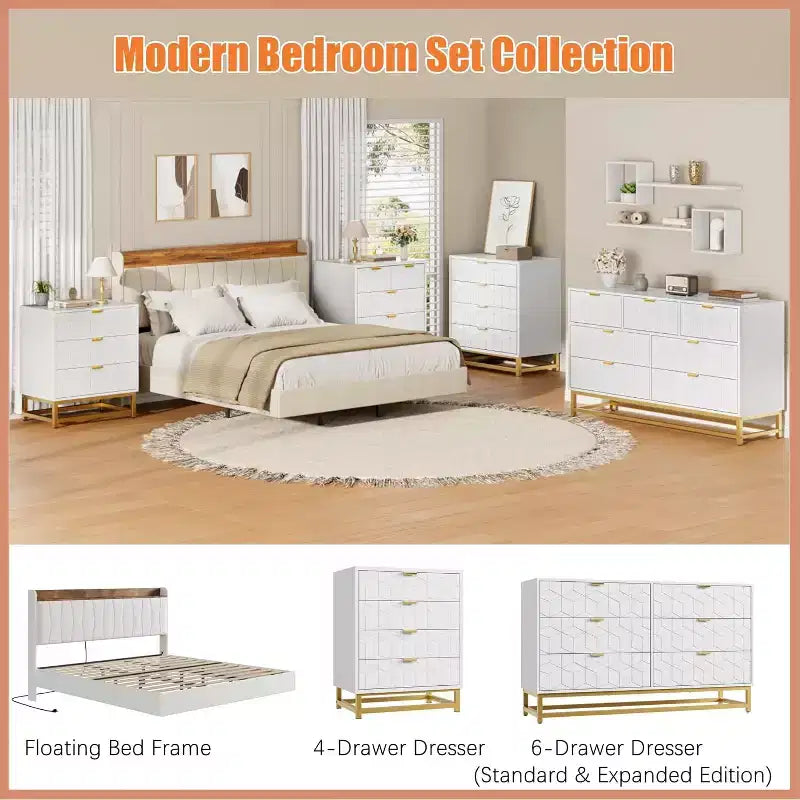 Commode blanche à 6 tiroirs avec pieds en métal doré, grand coffre de rangement de 53,5 po de largeur
