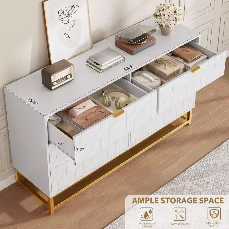 Commode blanche à 6 tiroirs avec pieds en métal doré, grand coffre de rangement de 53,5 po de largeur