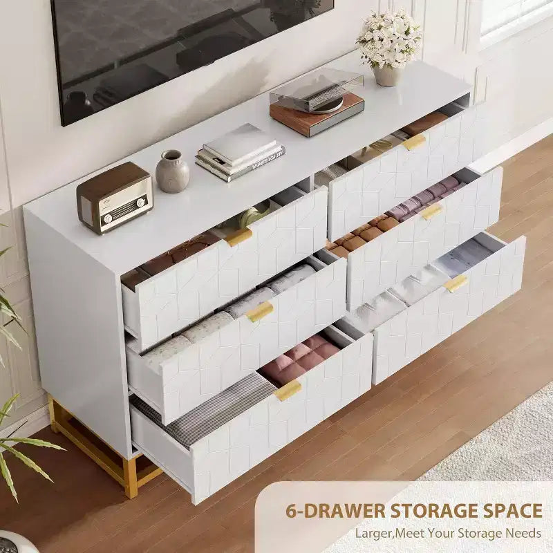 Commode blanche à 6 tiroirs avec pieds en métal doré, grand coffre de rangement de 53,5 po de largeur