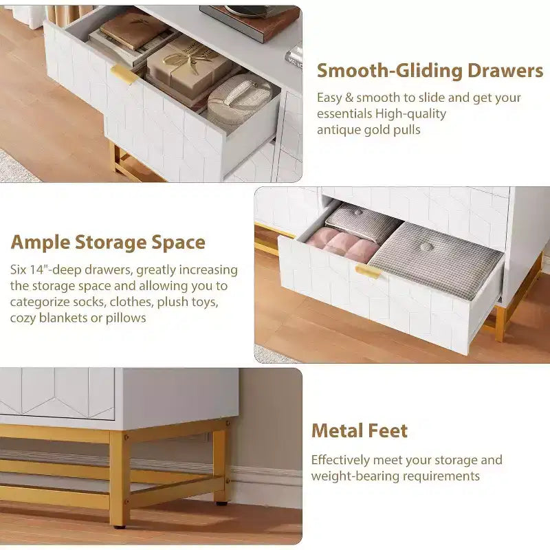 Commode blanche à 6 tiroirs avec pieds en métal doré, grand coffre de rangement de 53,5 po de largeur