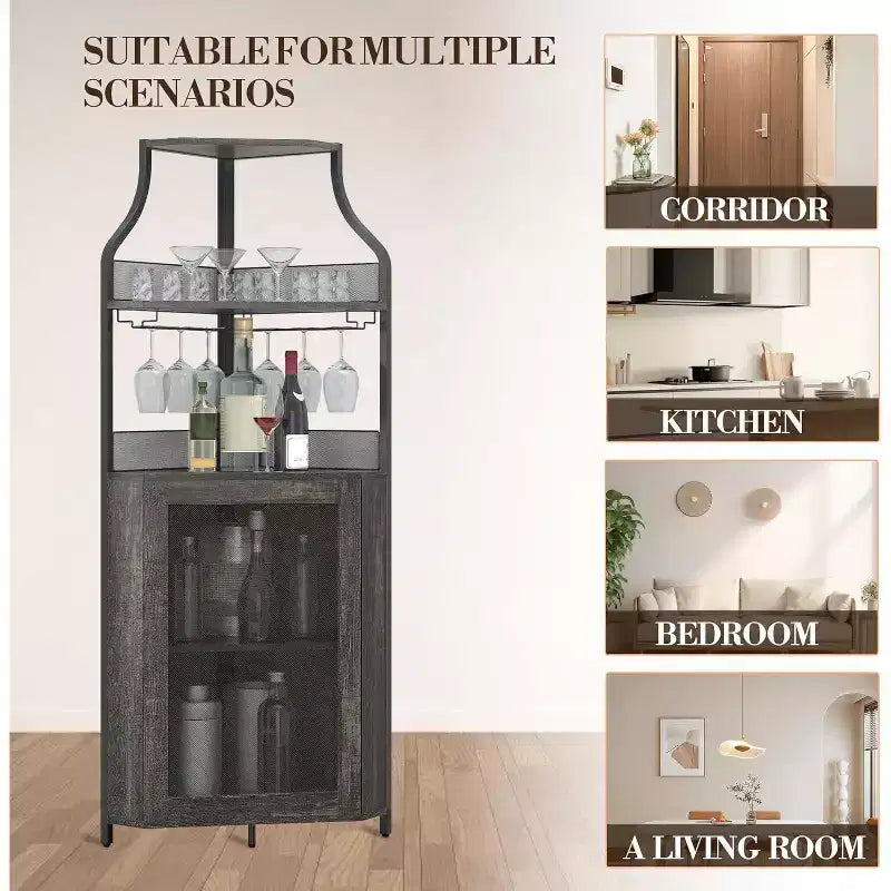 Meuble bar d'angle avec casier à vin amovible, meuble bar avec porte-verres