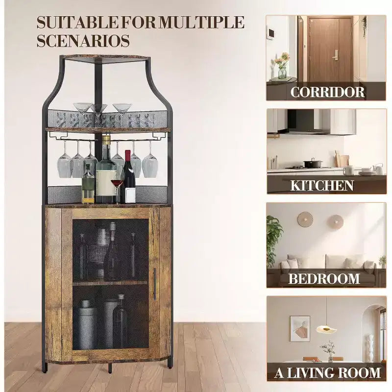 Meuble bar d'angle avec casier à vin amovible, meuble bar avec porte-verres