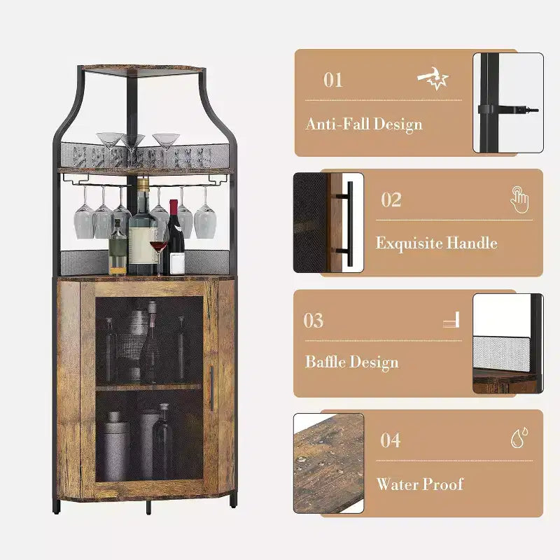 Meuble bar d'angle avec casier à vin amovible, meuble bar avec porte-verres