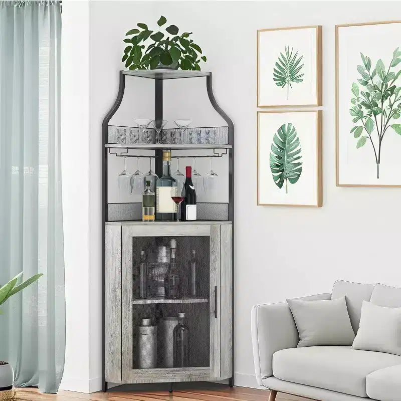 Meuble bar d'angle avec casier à vin amovible, meuble bar avec porte-verres