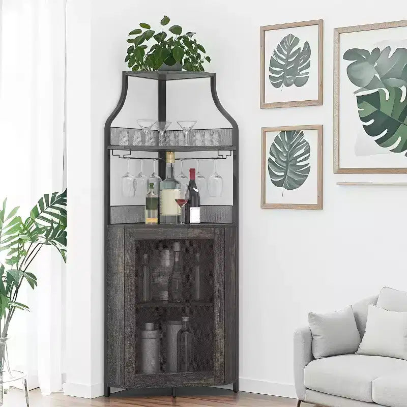 Meuble bar d'angle avec casier à vin amovible, meuble bar avec porte-verres