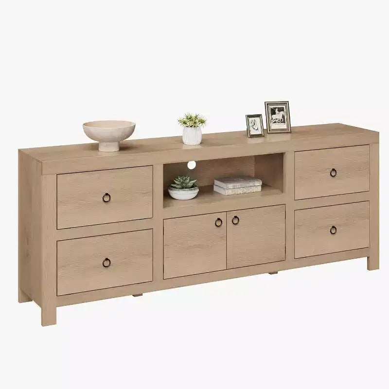 White Farmhouse TV Stand for 75-80 TVs - 70, Long Media Console with 6 Drawers &amp; Soundbar Shelf for Living Spaces, bedroom
