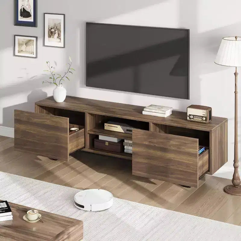 Meuble TV industriel de 75 pouces avec 2 tiroirs, console média en bois robuste