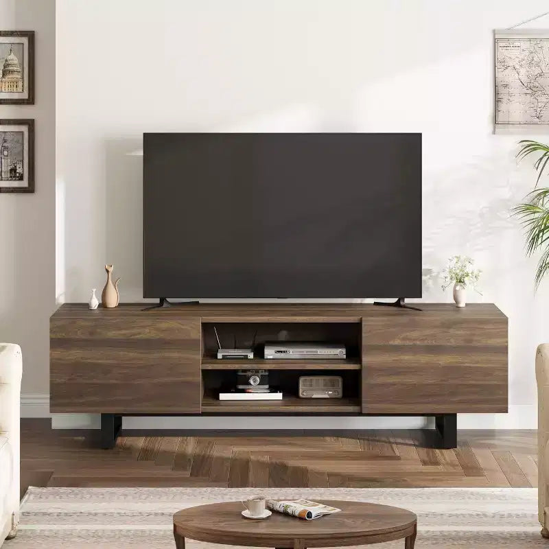 Meuble TV industriel de 75 pouces avec 2 tiroirs, console média en bois robuste