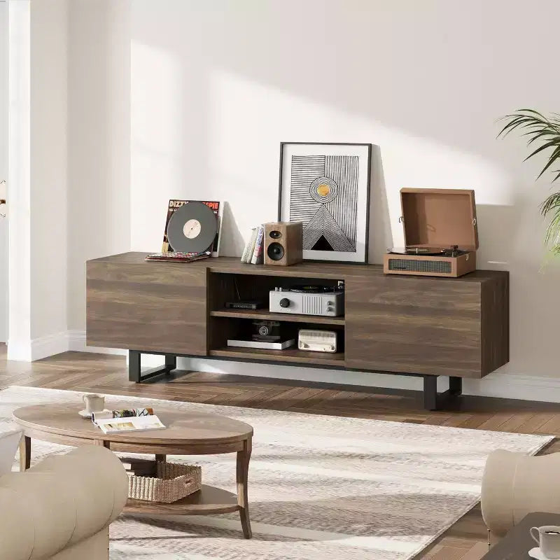 Meuble TV industriel de 75 pouces avec 2 tiroirs, console média en bois robuste