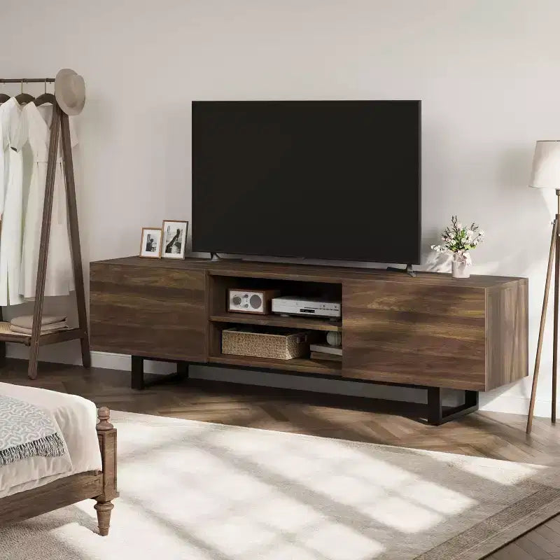 Meuble TV industriel de 75 pouces avec 2 tiroirs, console média en bois robuste