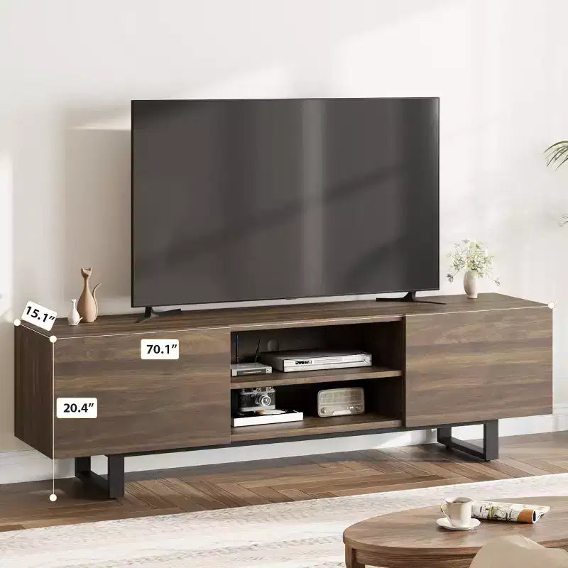 Meuble TV industriel de 75 pouces avec 2 tiroirs, console média en bois robuste