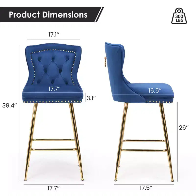 Tabourets de bar en velours, hauteur comptoir, avec pieds en métal et capitonnage.