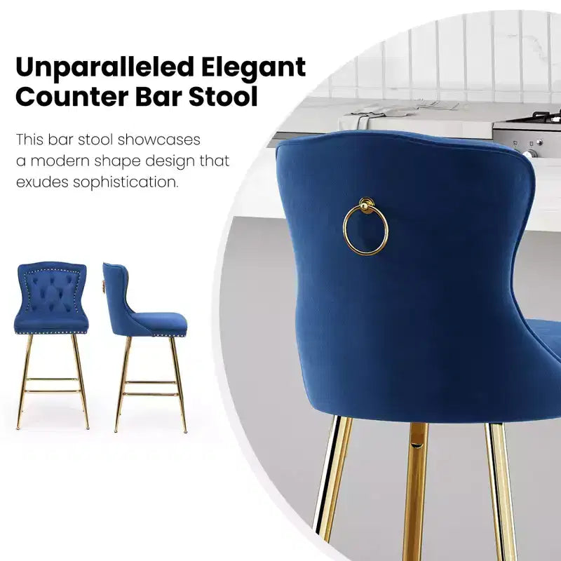 Tabourets de bar en velours, hauteur comptoir, avec pieds en métal et capitonnage.