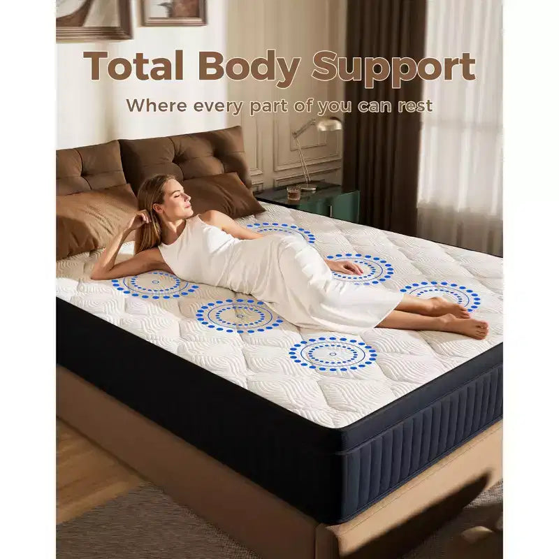 Matelas hybride respirant en mousse à mémoire de forme rafraîchissante, fermeté moyenne, livré compressé dans une boîte, blanc