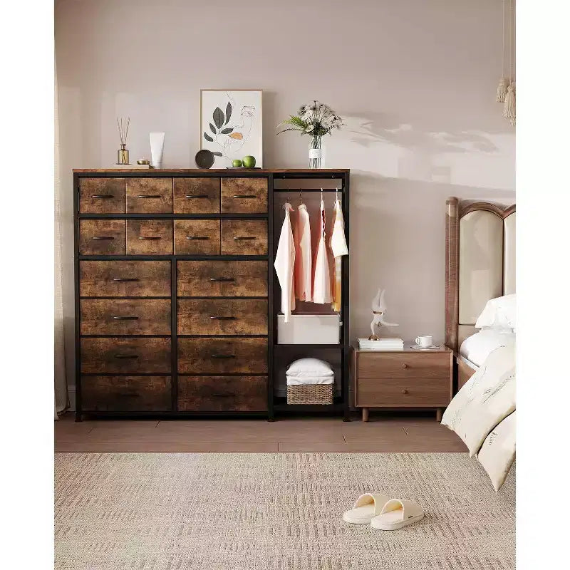 Commode avec 16 tiroirs et étagères de tringle, organisateur de rangement en tissu