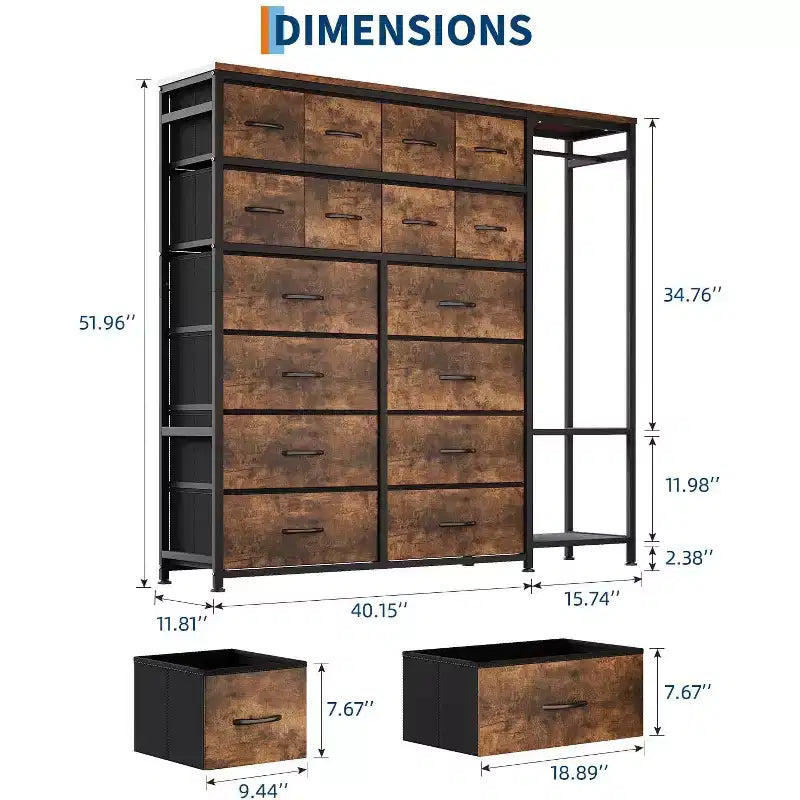 Commode avec 16 tiroirs et étagères de tringle, organisateur de rangement en tissu