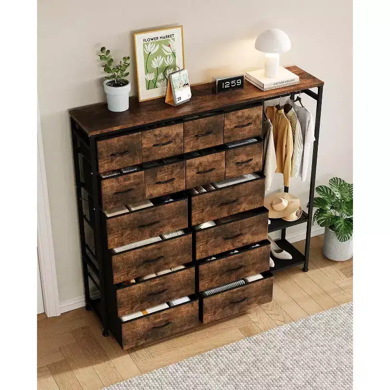 Commode avec 16 tiroirs et étagères de tringle, organisateur de rangement en tissu