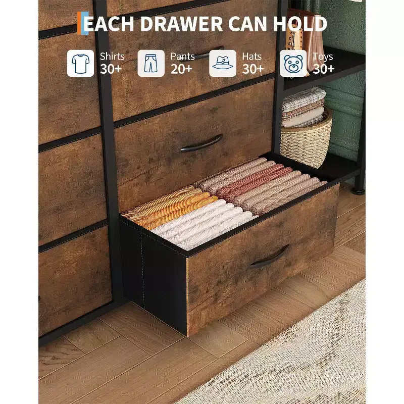 Commode avec 16 tiroirs et étagères de tringle, organisateur de rangement en tissu
