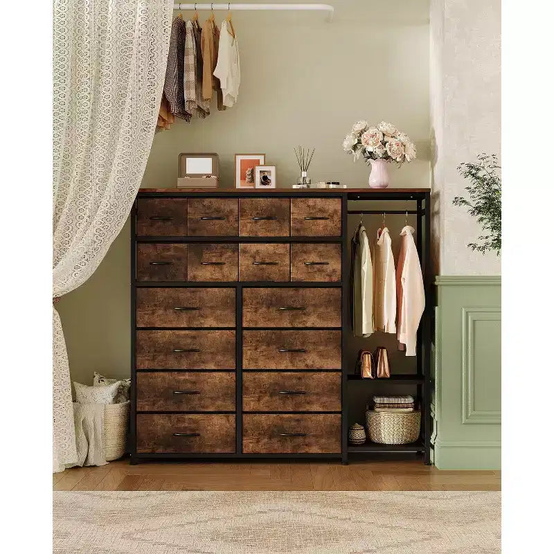 Commode avec 16 tiroirs et étagères de tringle, organisateur de rangement en tissu