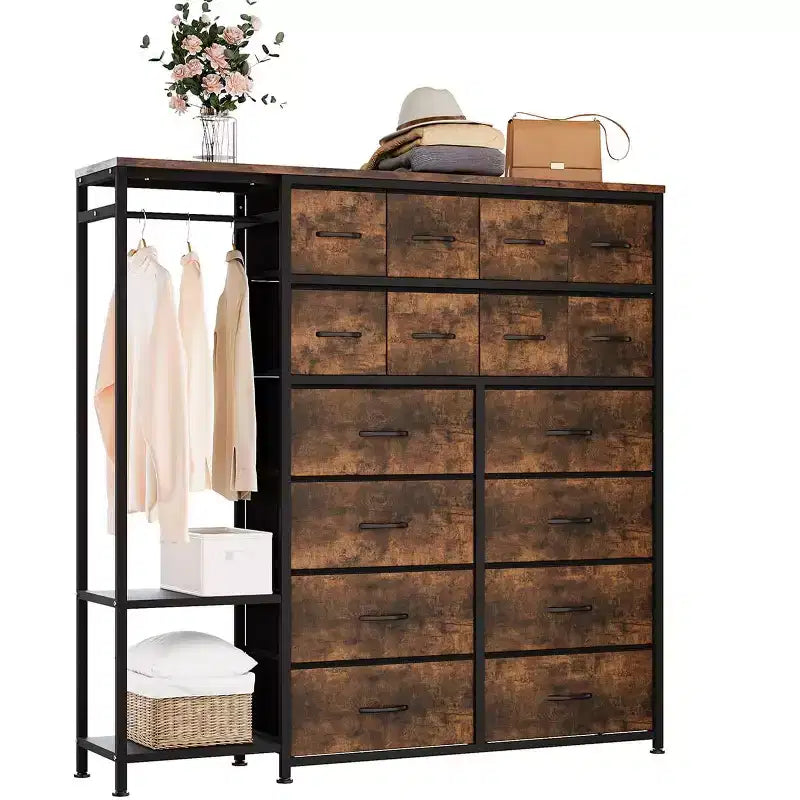 Commode avec 16 tiroirs et étagères de tringle, organisateur de rangement en tissu