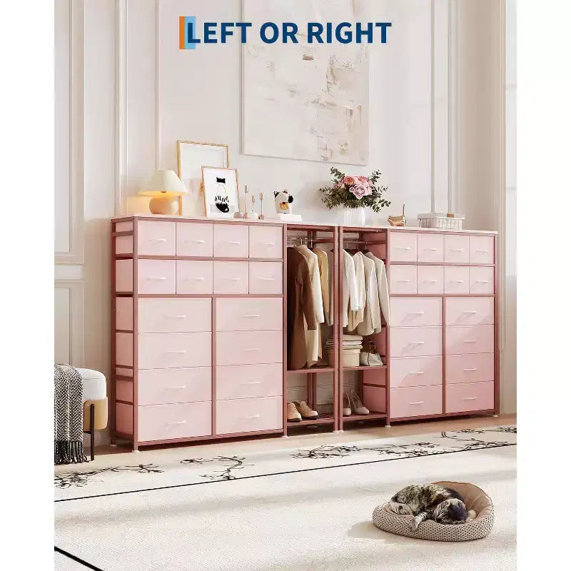 Commode avec 16 tiroirs et étagères de tringle, organisateur de rangement en tissu