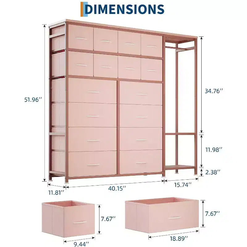 Commode avec 16 tiroirs et étagères de tringle, organisateur de rangement en tissu