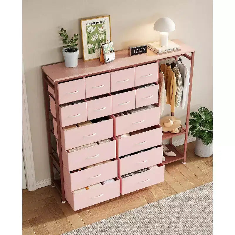 Commode avec 16 tiroirs et étagères de tringle, organisateur de rangement en tissu