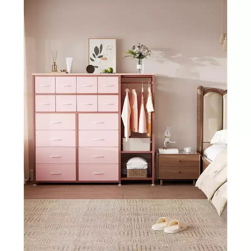 Commode avec 16 tiroirs et étagères de tringle, organisateur de rangement en tissu