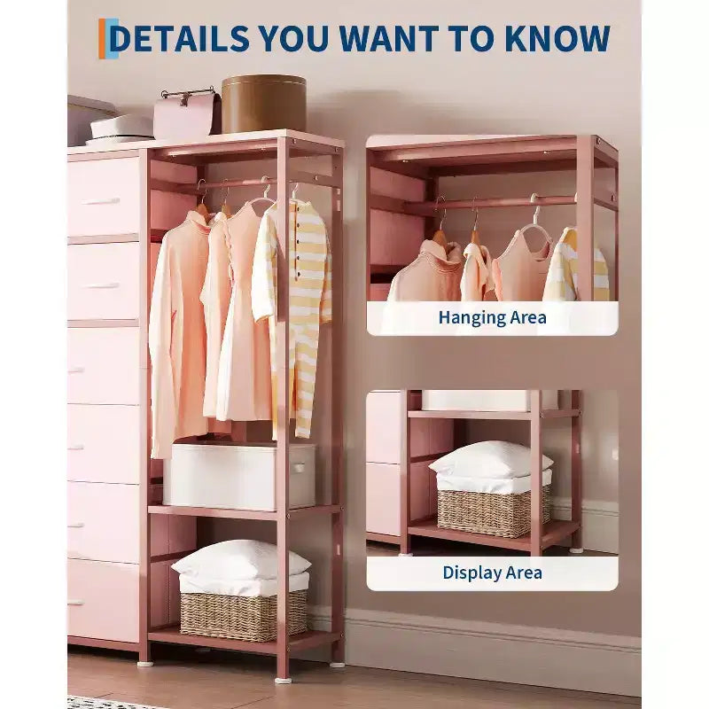 Commode avec 16 tiroirs et étagères de tringle, organisateur de rangement en tissu