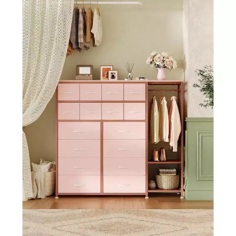 Commode avec 16 tiroirs et étagères de tringle, organisateur de rangement en tissu
