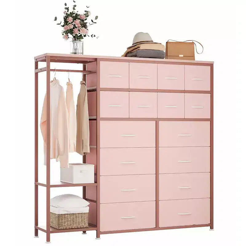 Commode avec 16 tiroirs et étagères de tringle, organisateur de rangement en tissu