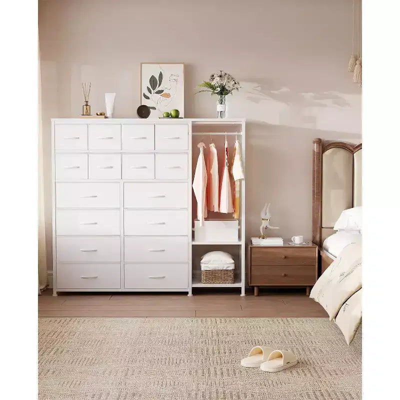Commode avec 16 tiroirs et étagères de tringle, organisateur de rangement en tissu