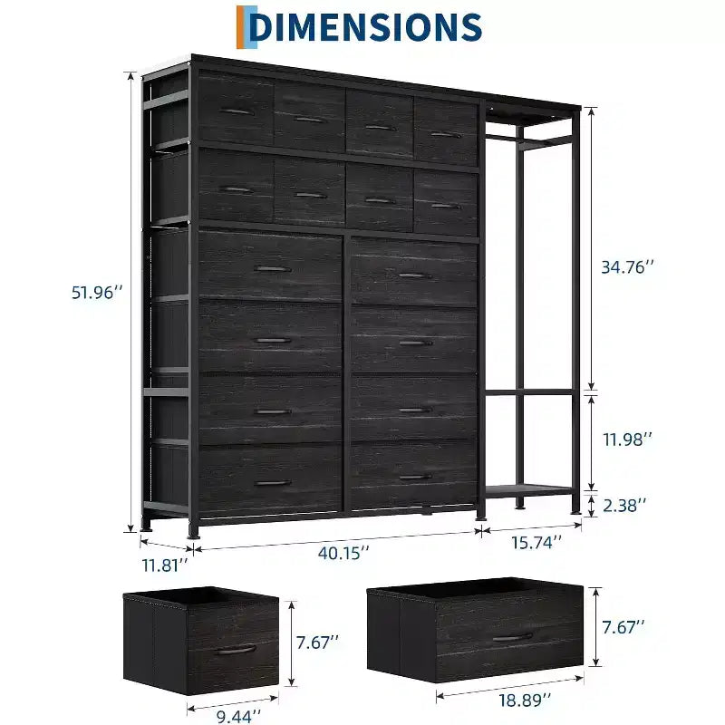 Commode avec 16 tiroirs et étagères de tringle, organisateur de rangement en tissu