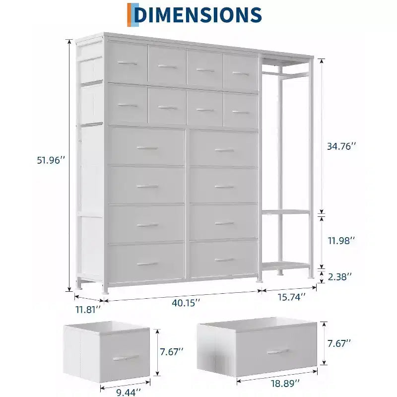 Commode avec 16 tiroirs et étagères de tringle, organisateur de rangement en tissu