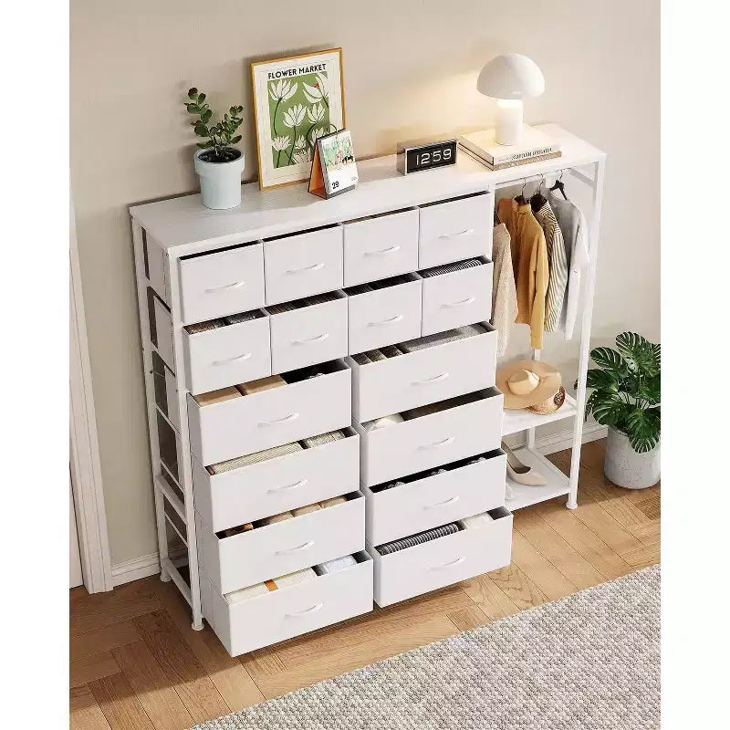 Commode avec 16 tiroirs et étagères de tringle, organisateur de rangement en tissu