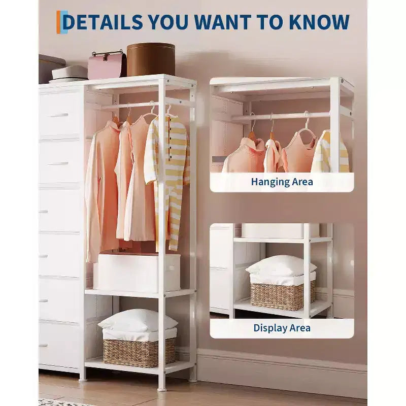 Commode avec 16 tiroirs et étagères de tringle, organisateur de rangement en tissu