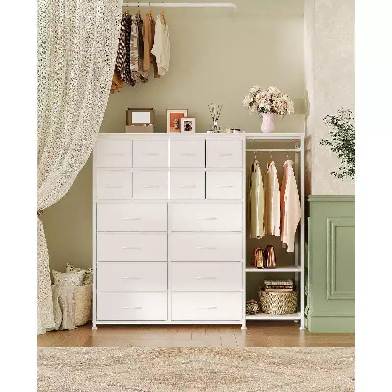 Commode avec 16 tiroirs et étagères de tringle, organisateur de rangement en tissu
