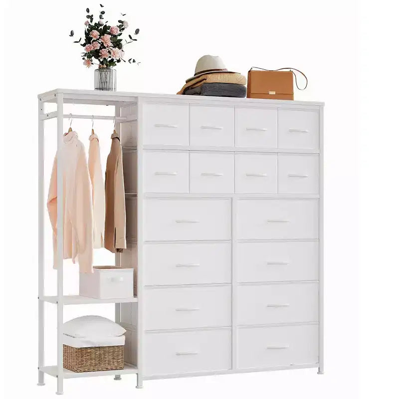 Commode avec 16 tiroirs et étagères de tringle, organisateur de rangement en tissu