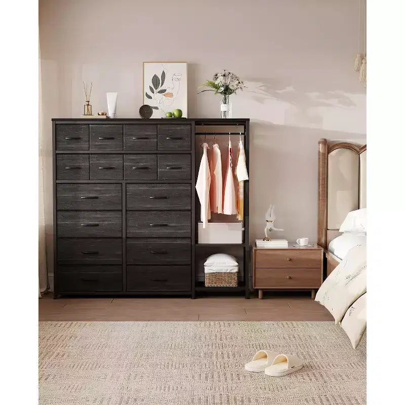 Commode avec 16 tiroirs et étagères de tringle, organisateur de rangement en tissu