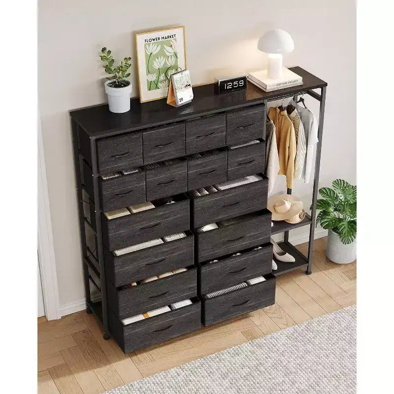 Commode avec 16 tiroirs et étagères de tringle, organisateur de rangement en tissu