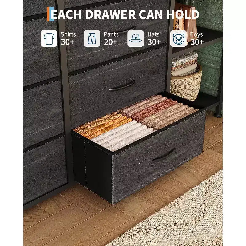 Commode avec 16 tiroirs et étagères de tringle, organisateur de rangement en tissu