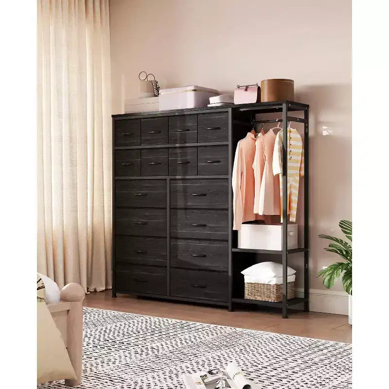 Commode avec 16 tiroirs et étagères de tringle, organisateur de rangement en tissu