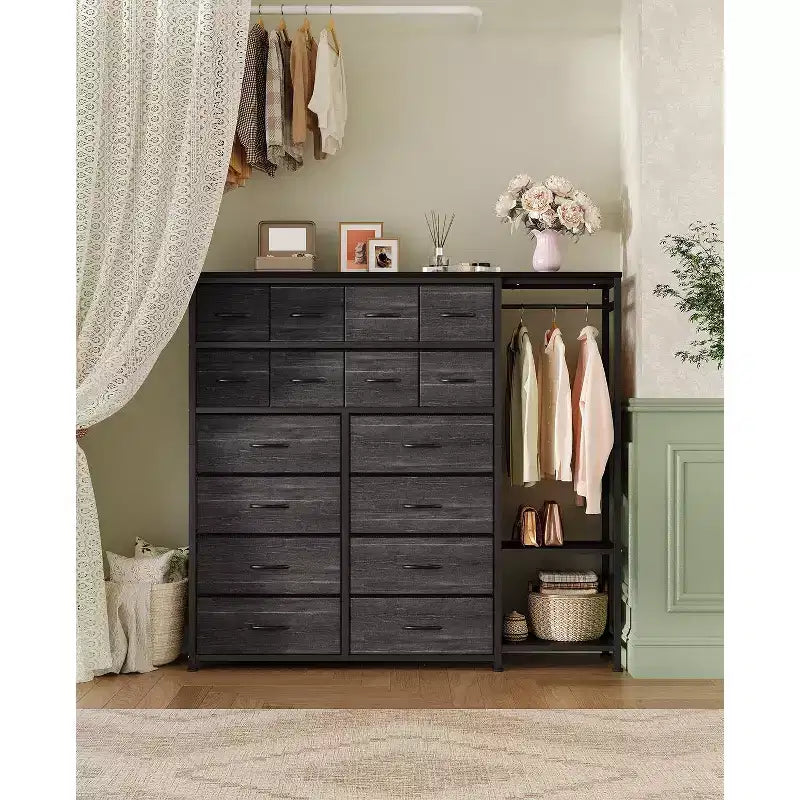 Commode avec 16 tiroirs et étagères de tringle, organisateur de rangement en tissu