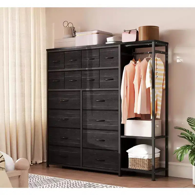 Dresser with 16 Drawers &amp; Hanging Rod &amp; Shelves, Fabric Storage Organizer for Bedroom, Closet, or Entryway