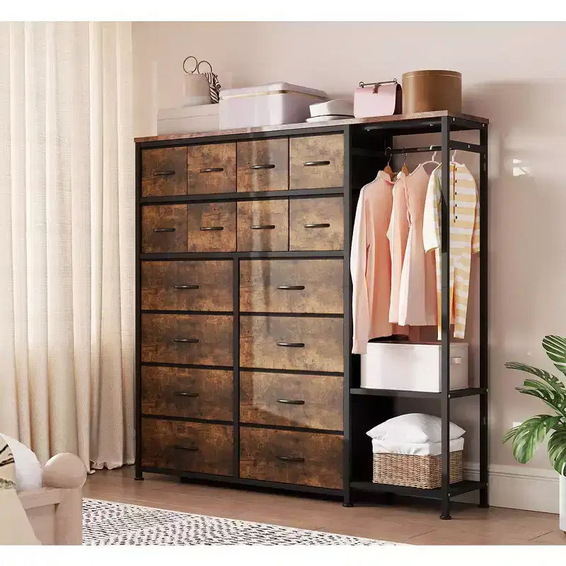 Commode avec 16 tiroirs et étagères de tringle, organisateur de rangement en tissu