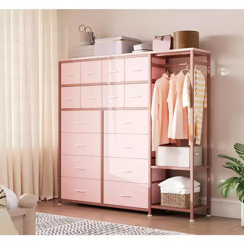 Commode avec 16 tiroirs et étagères de tringle, organisateur de rangement en tissu