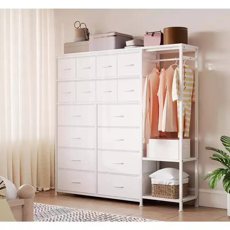 Commode avec 16 tiroirs et étagères de tringle, organisateur de rangement en tissu